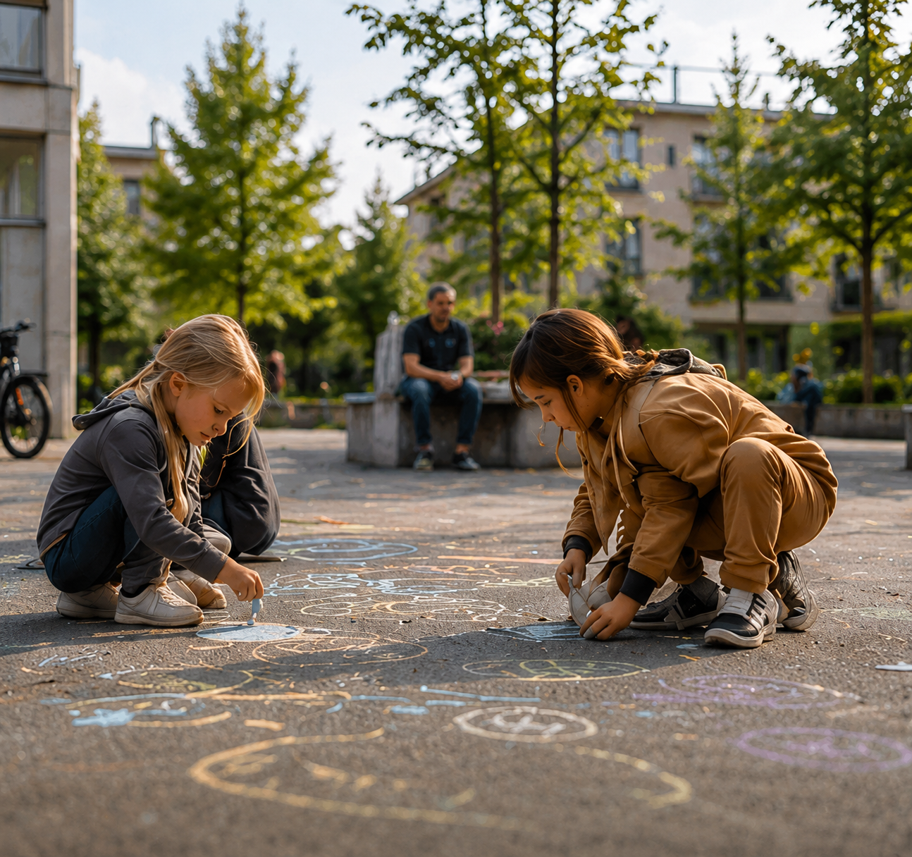 Kinder gestalten mit Kreide gemeinsam einen Wohnhof