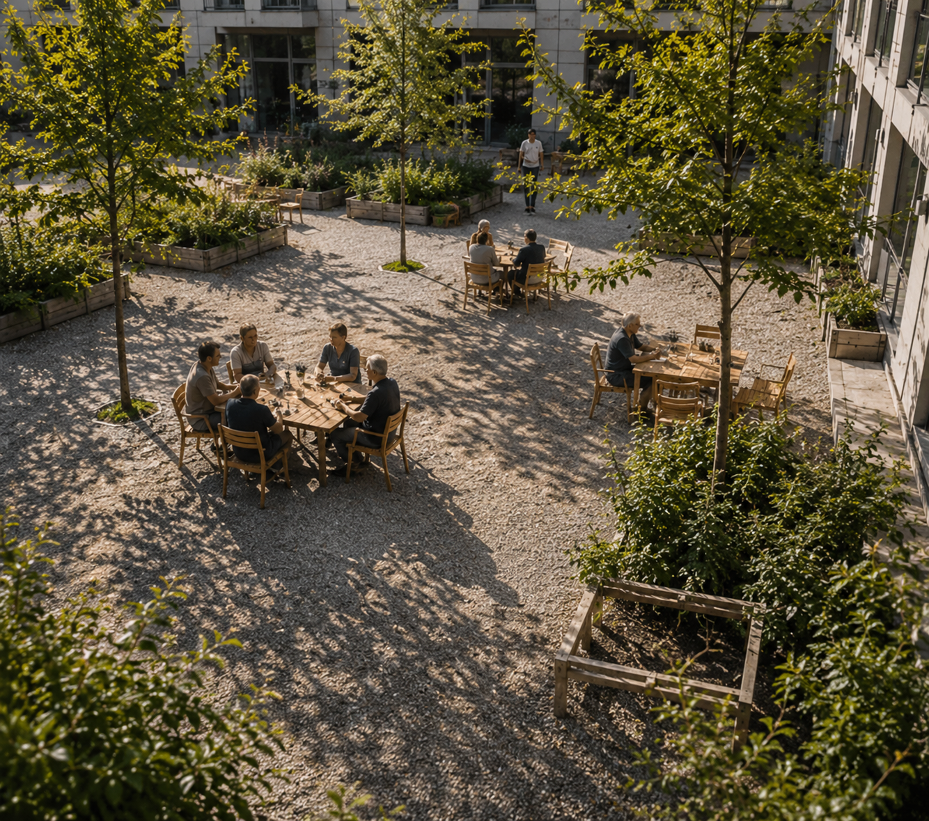 Begrünter gemeinschaftlicher Innenhof mit Nachbarinnen und Nachbarn