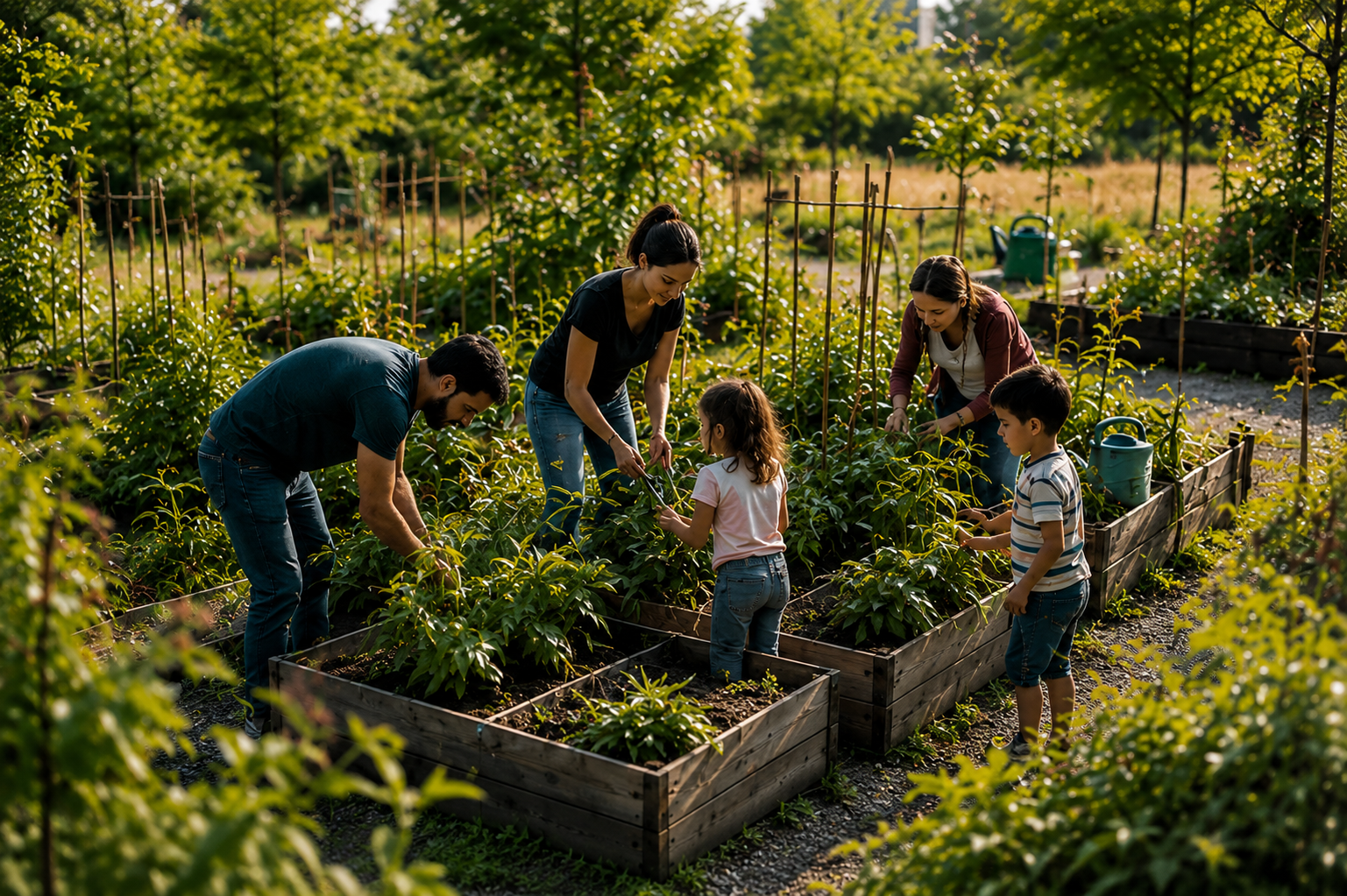 Nachbarinnen und Kinder arbeiten gemeinsam im Quartiergarten